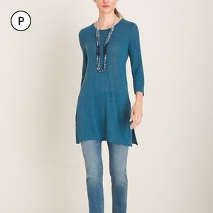 Chico Teal Blue Tunic Slits at Hips 3/4 Sleeve High Neck Long Light Sweater
